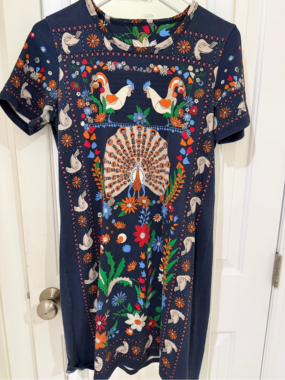 Tory Burch Floral Peacock Navy Short-Sleeve Dress